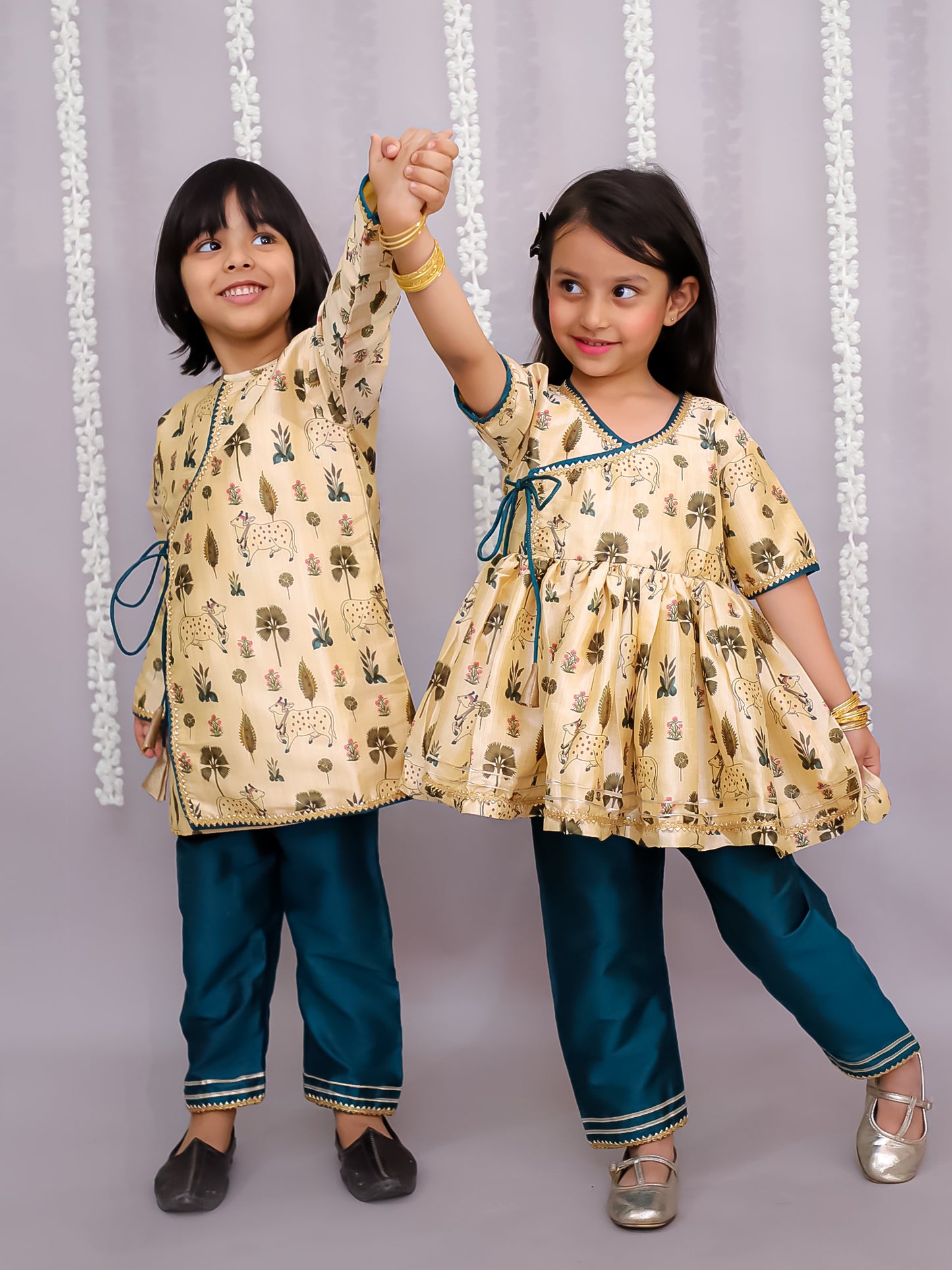 Beige Cow printed angrakha set