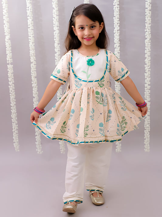 Beige floral printed anchor thread kurta set