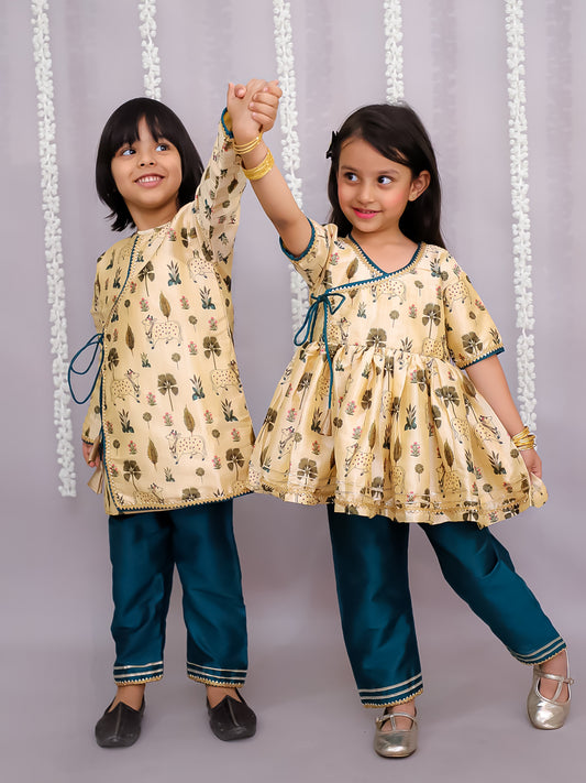 Beige Cow printed angrakha set with Green Bottom