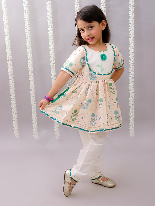 Beige floral printed anchor thread kurta set