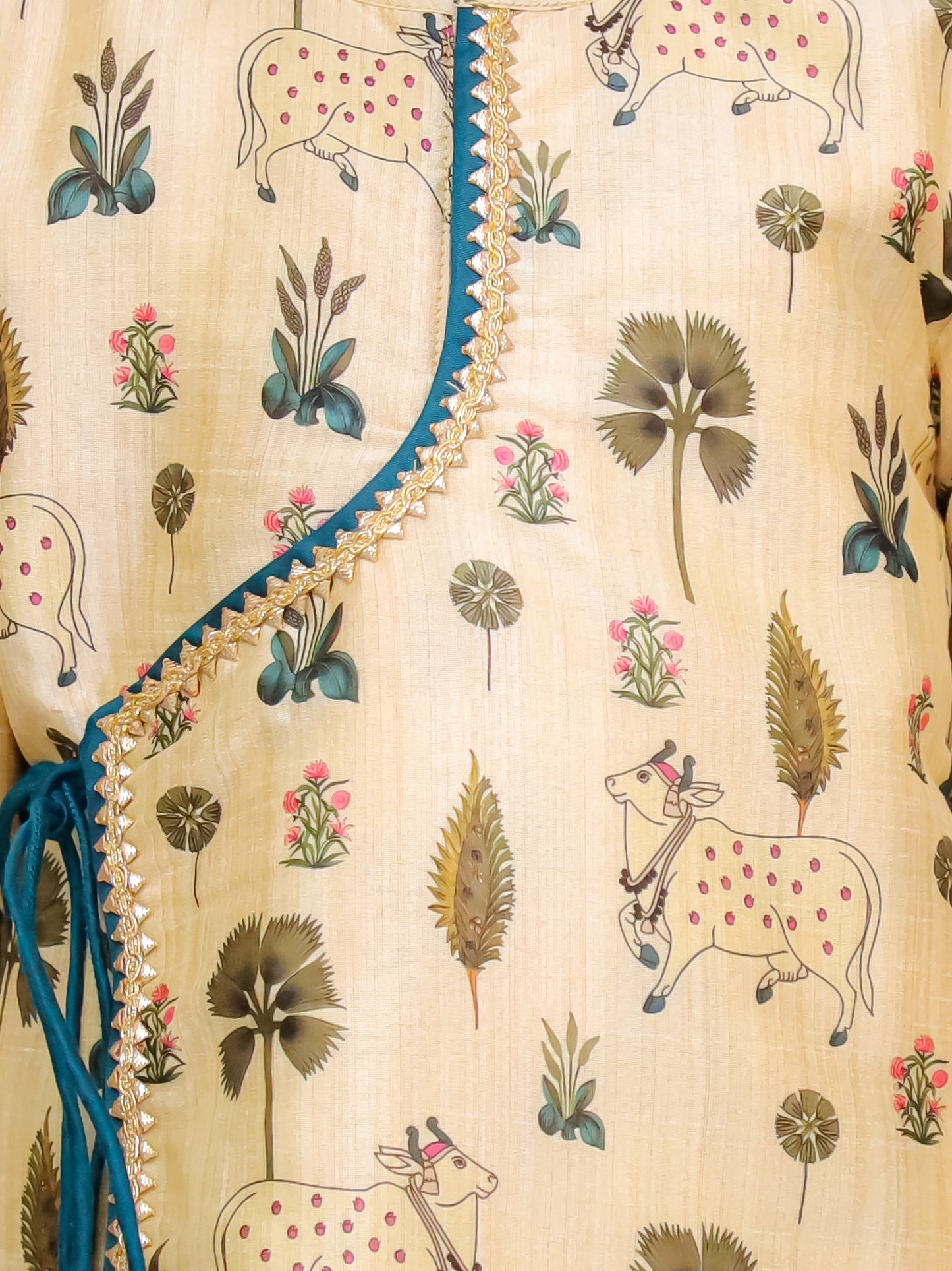 Beige Cow printed angrakha set with Green Bottom
