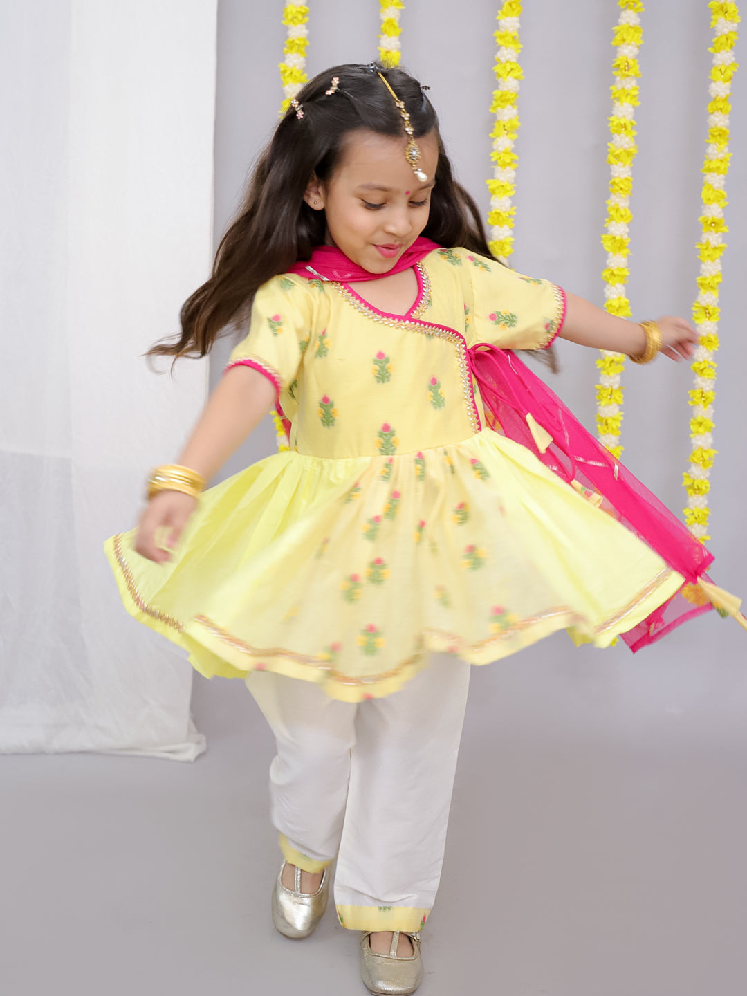 Yellow chanderi angrakha set