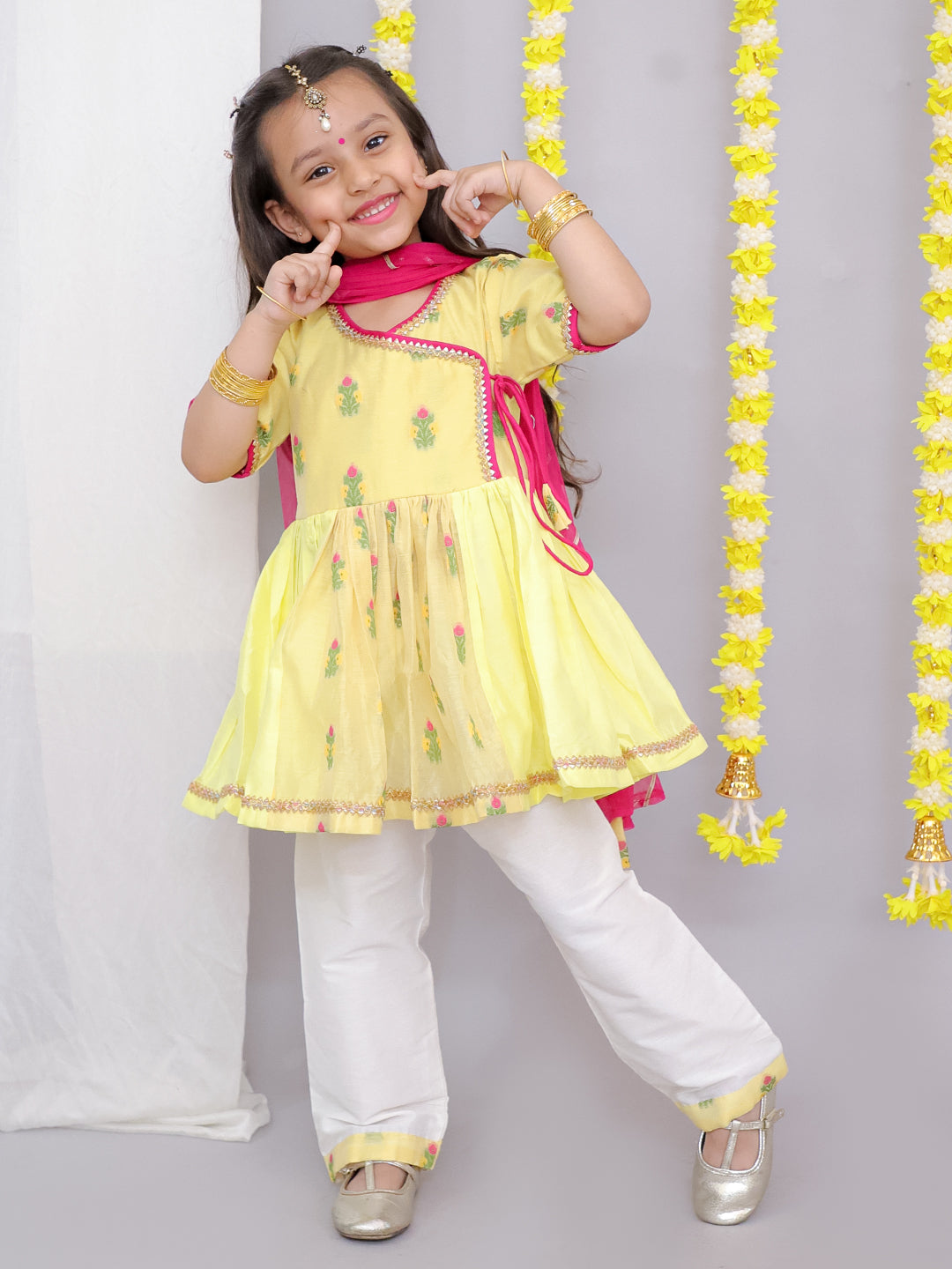 Yellow chanderi angrakha set