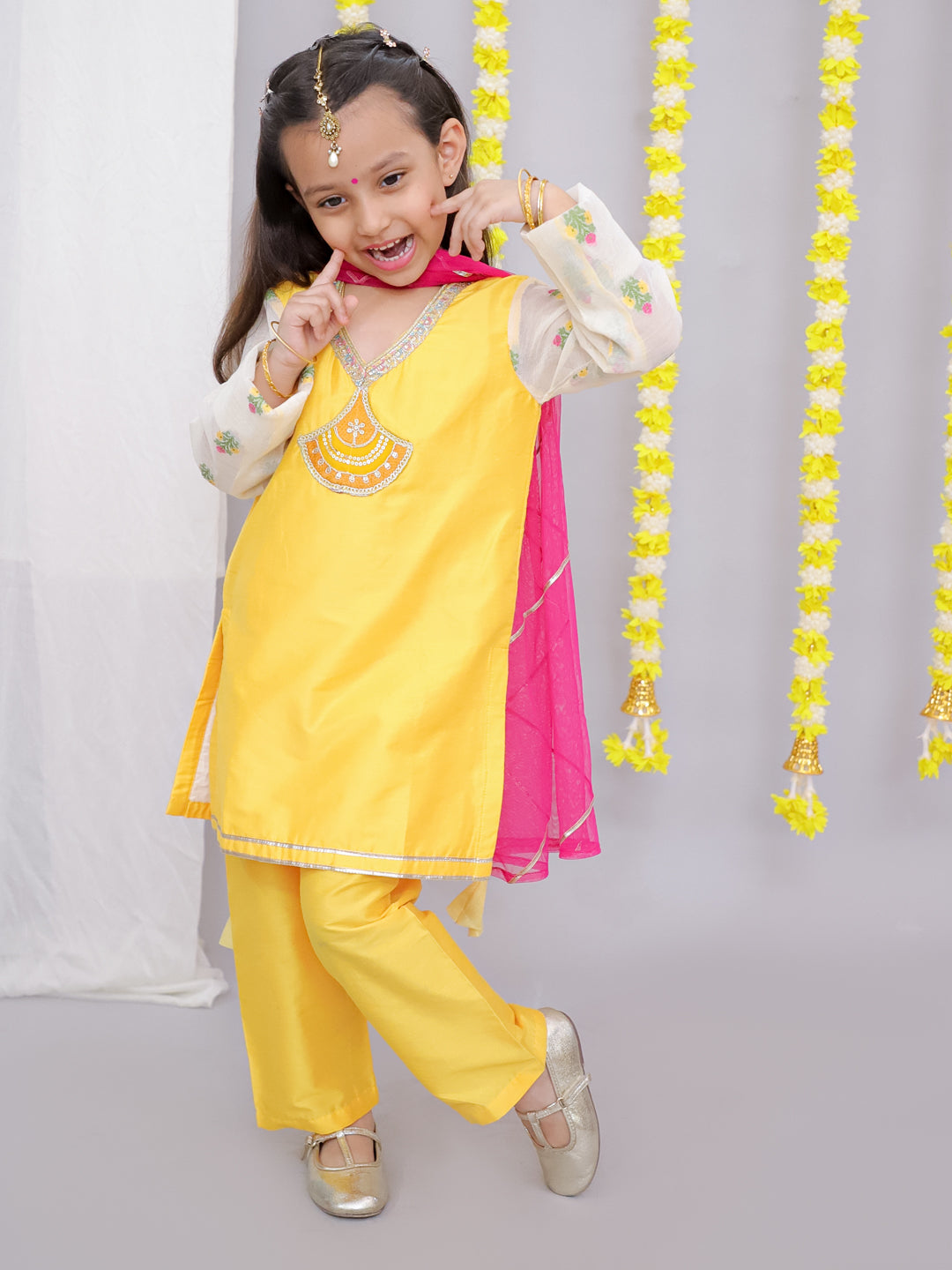 Mustard white chanderi emb kurta set