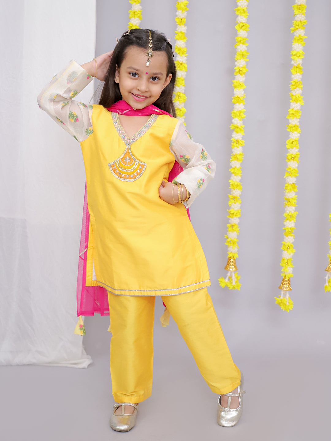 Mustard white chanderi emb kurta set