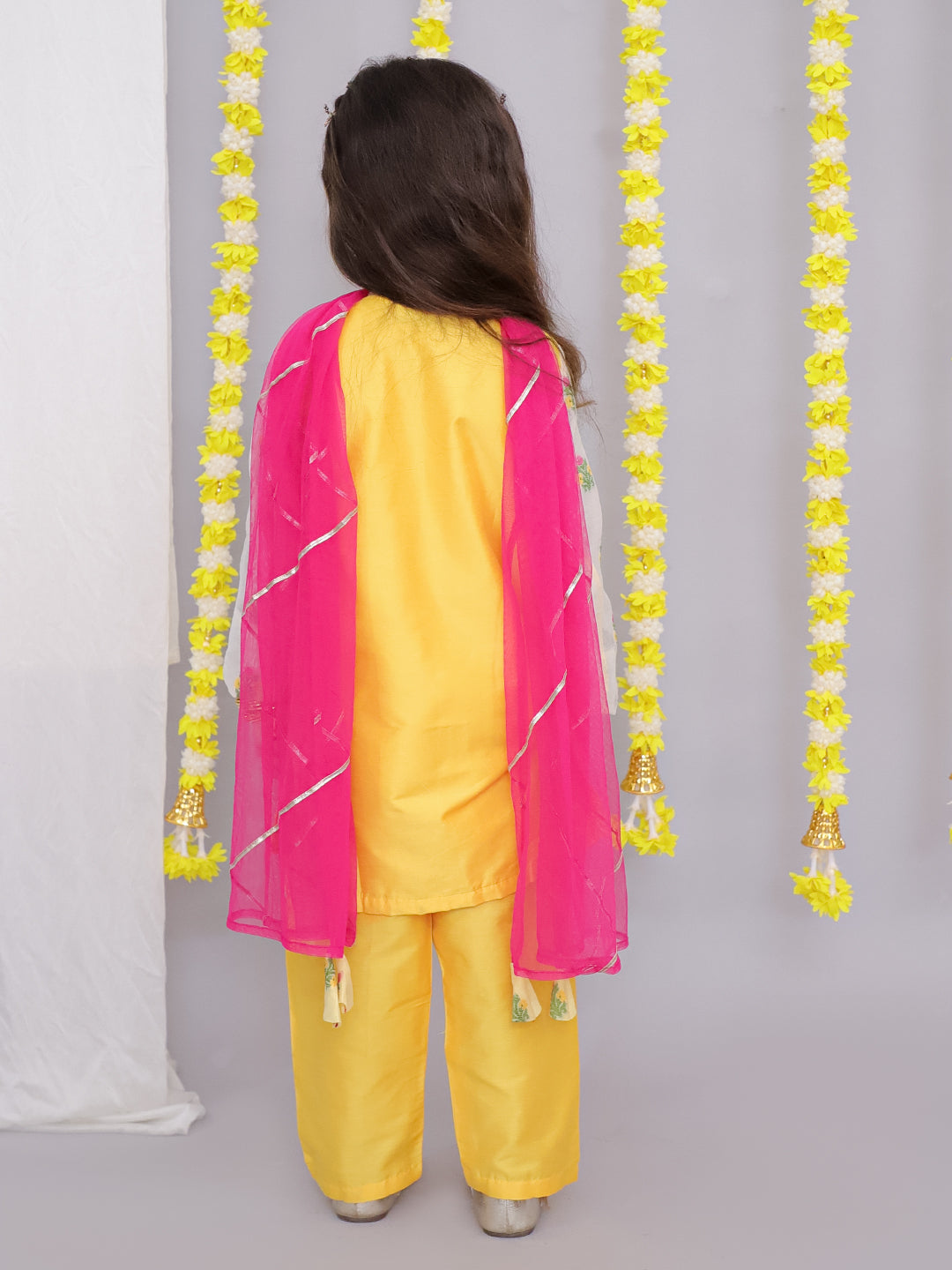 Mustard white chanderi emb kurta set