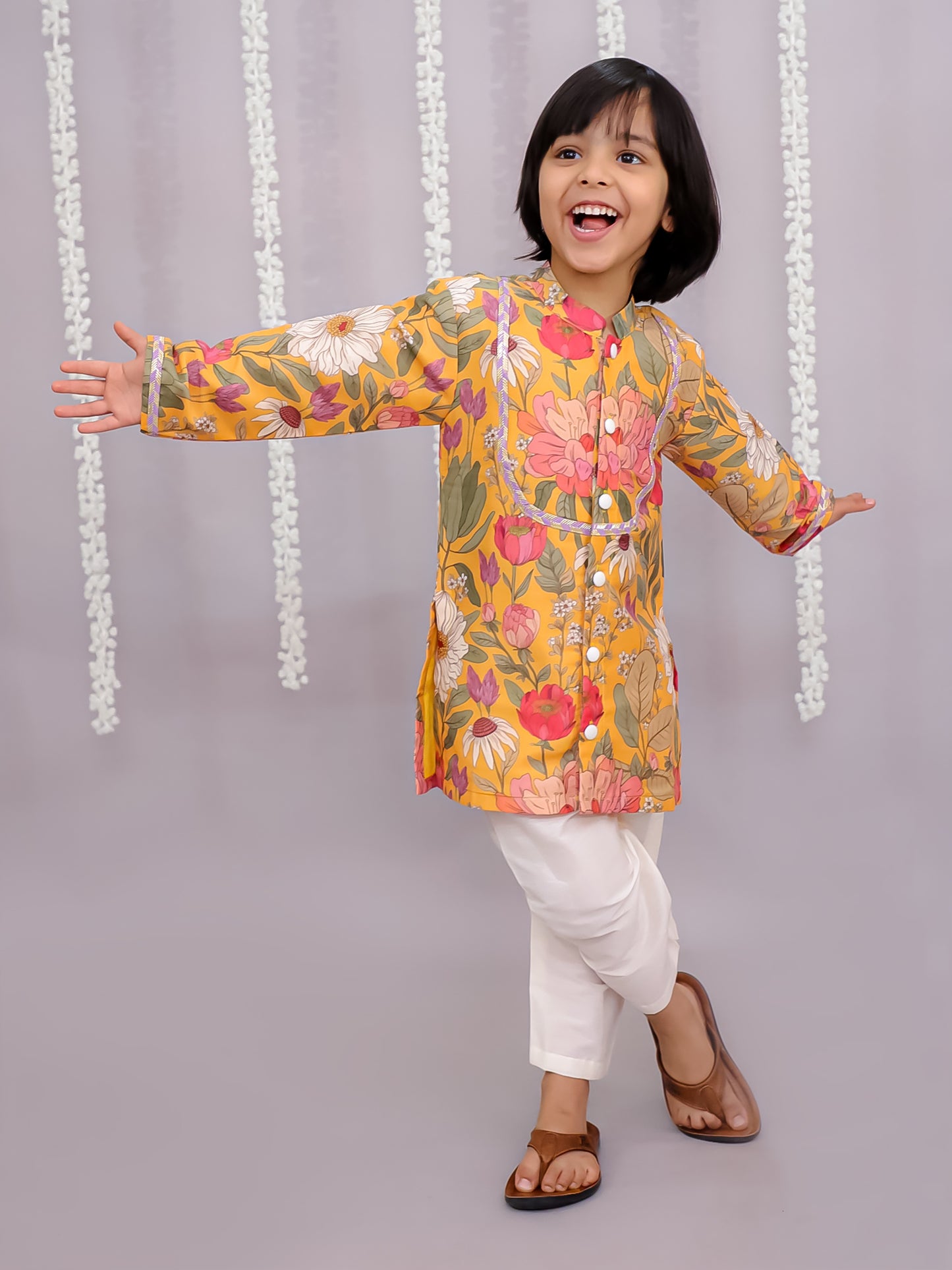 Yellow bold flower print kurta set