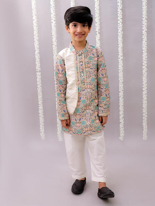 Beige Floral jaal kurta set