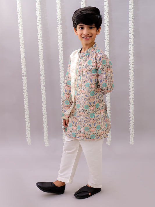 Beige Floral jaal kurta set