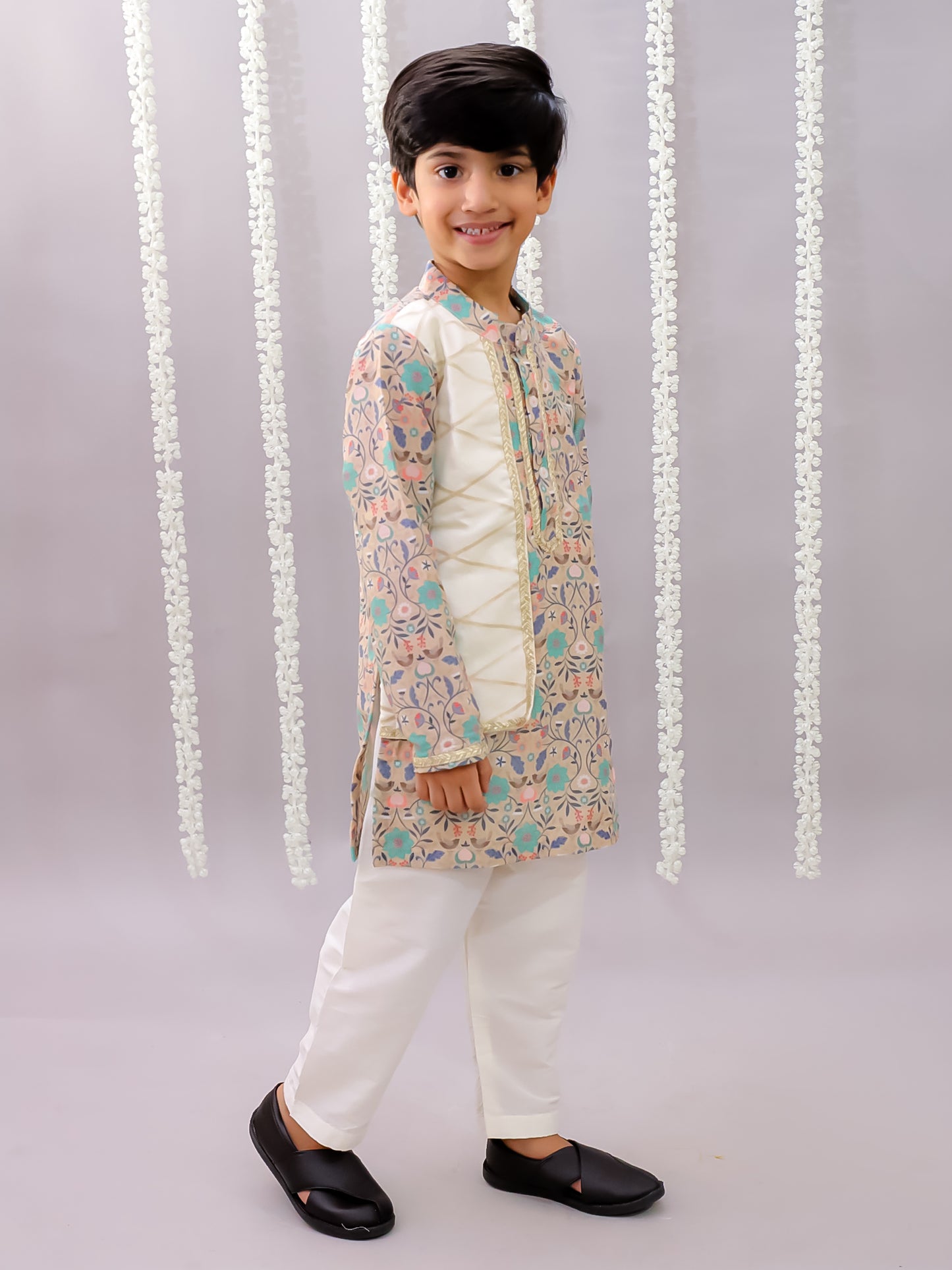 Beige Floral jaal kurta set