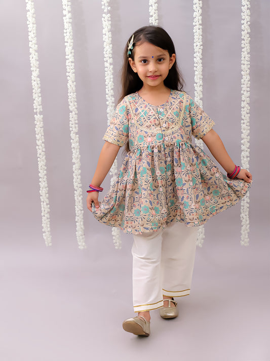 Beige floral jaal print kurta set