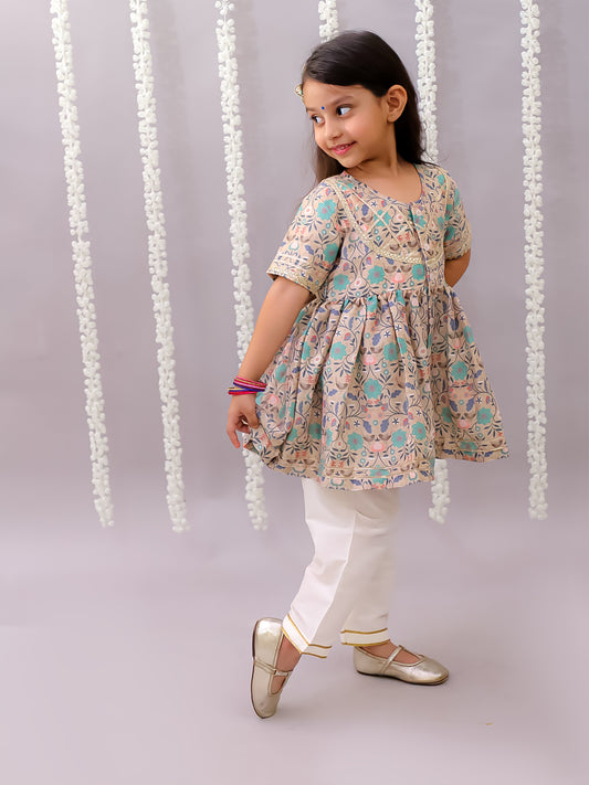 Beige floral jaal print kurta set