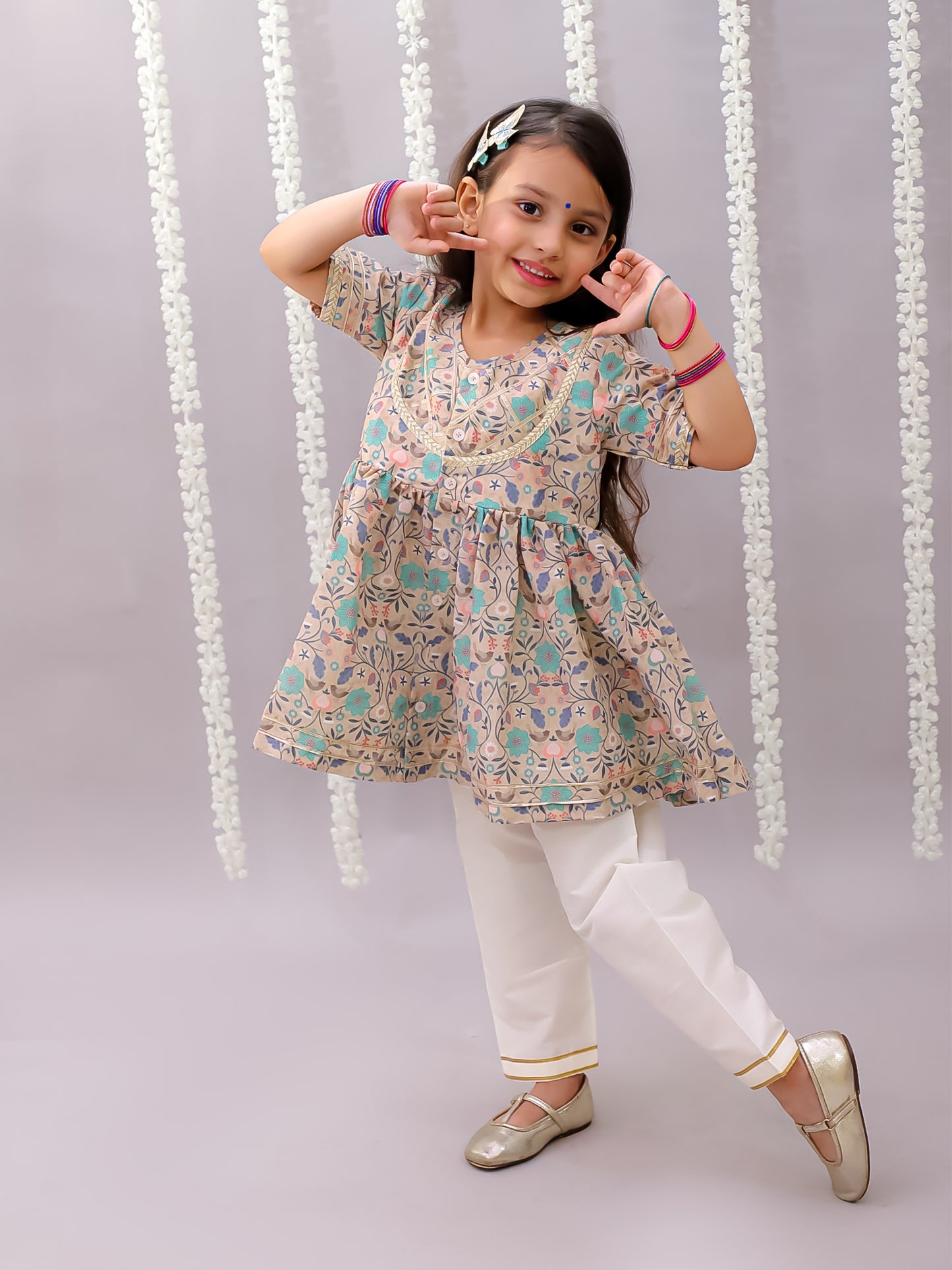 Beige floral jaal print kurta set