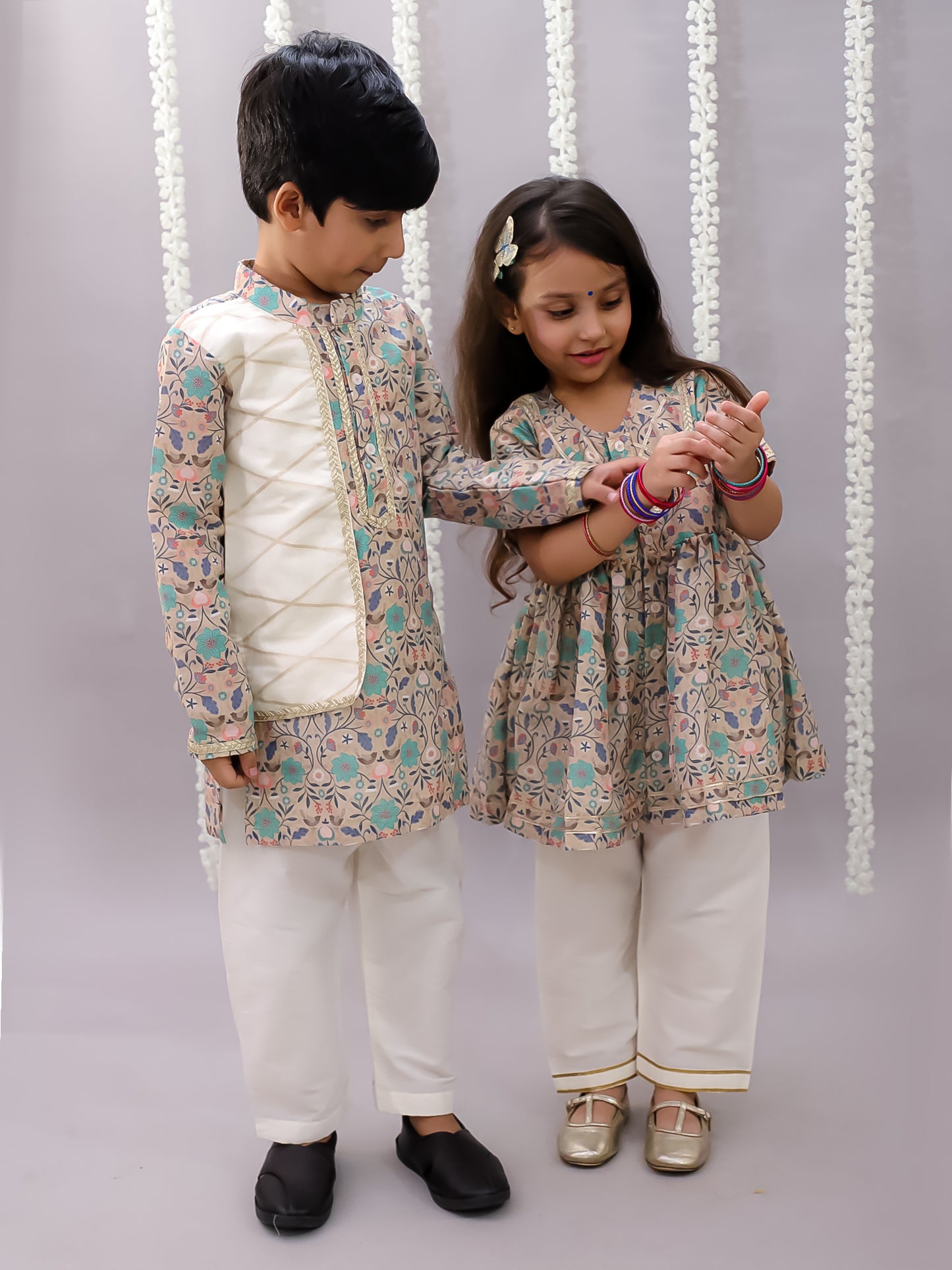 Beige Floral jaal kurta set