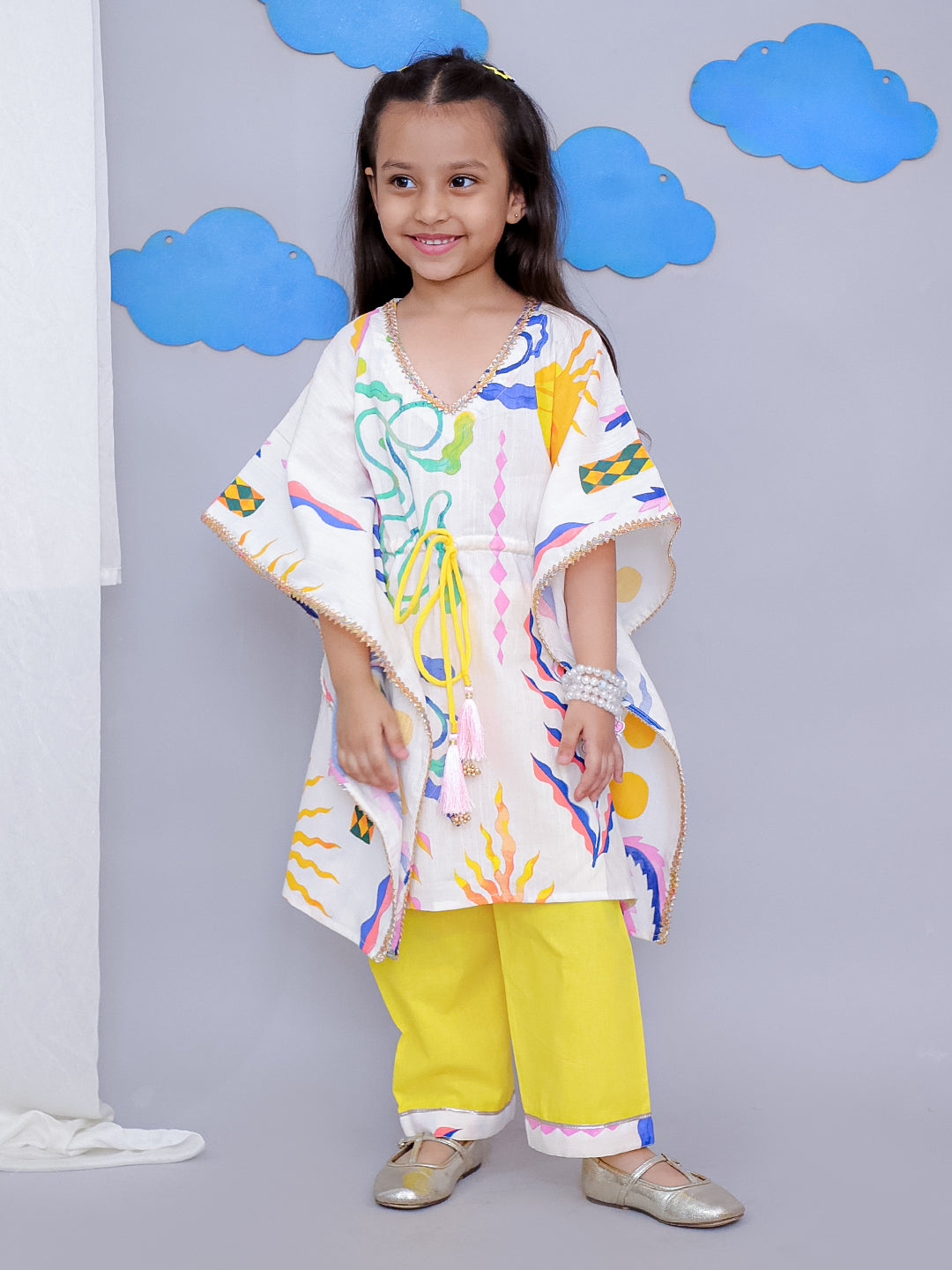 Yellow sun print kaftan kurta set