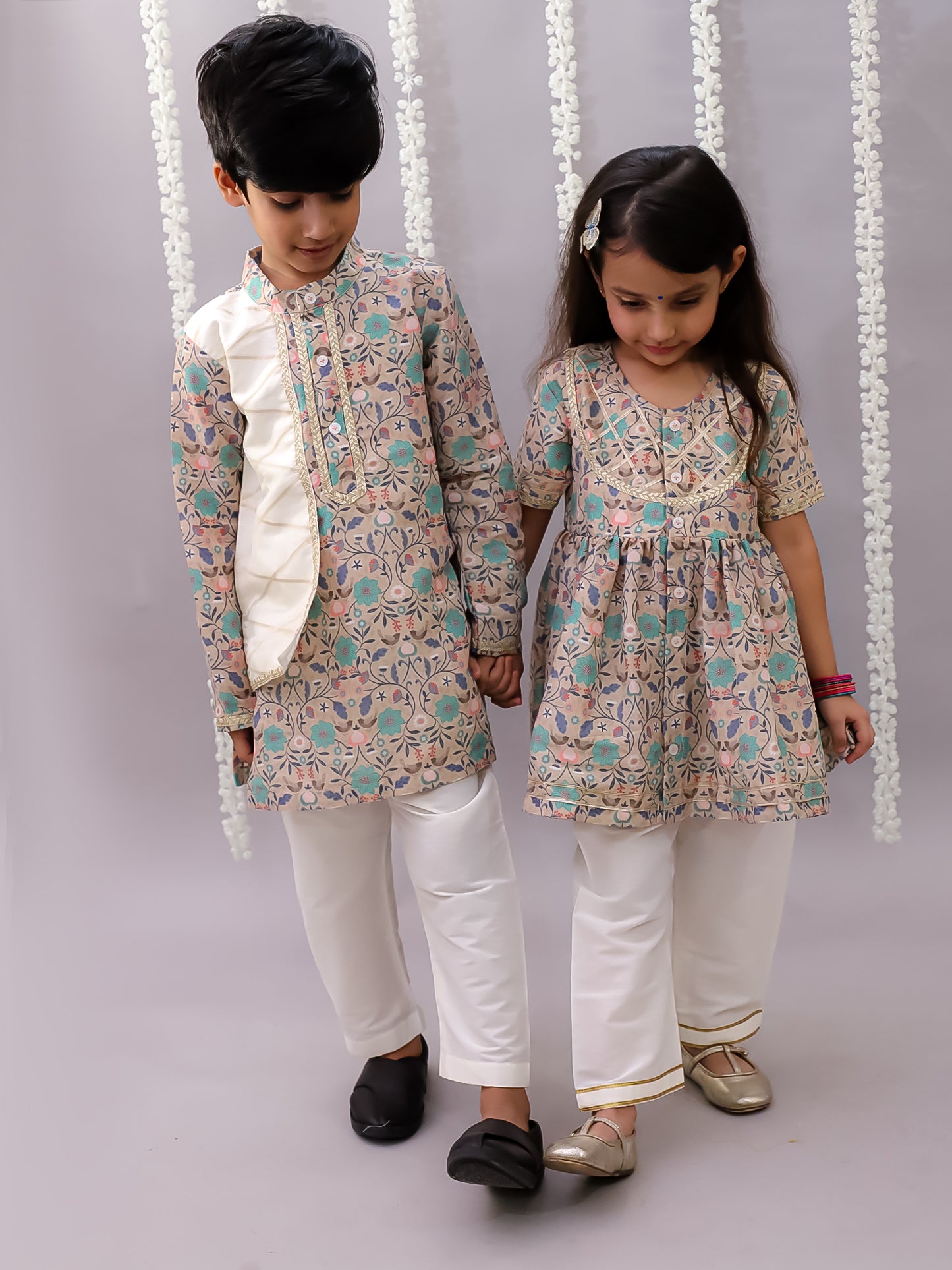 Beige floral jaal print kurta set