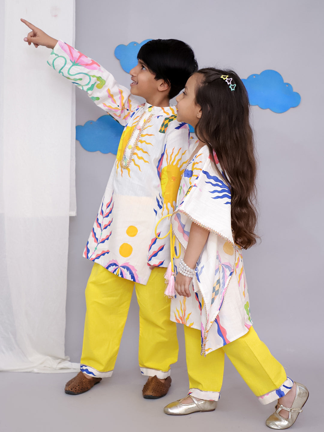 Yellow sun print kurta set
