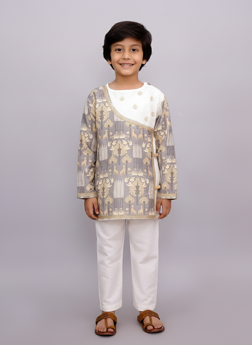 Grey print angrakha dhoti set