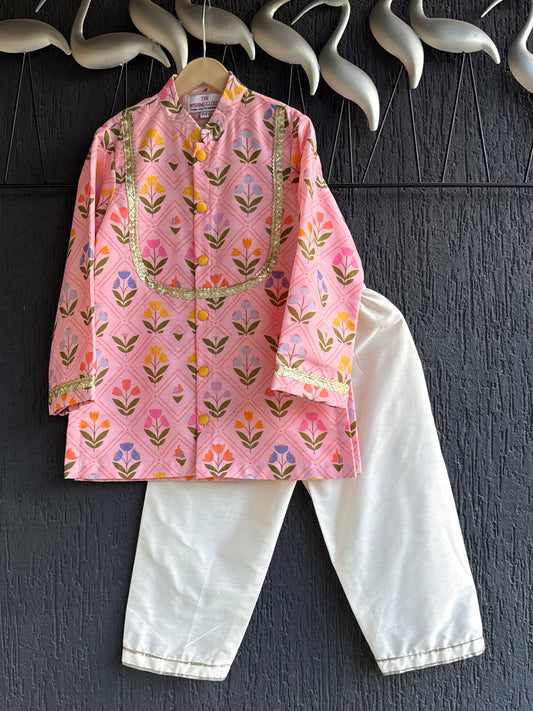 Pink geometric flower print boys kurta set