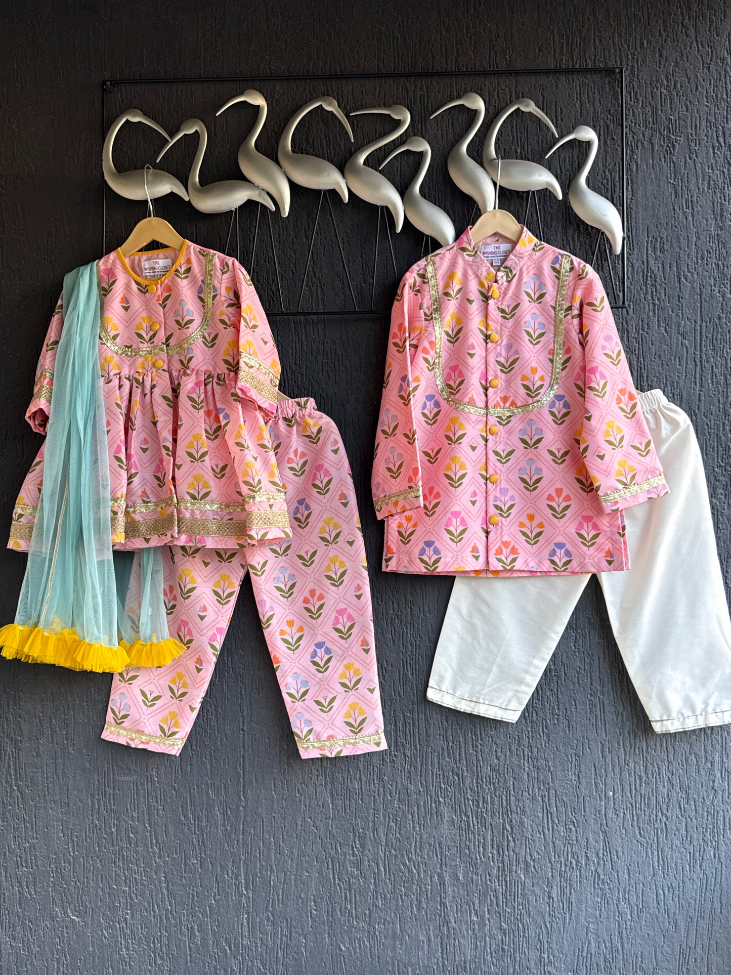 Pink geometric flower print boys kurta set
