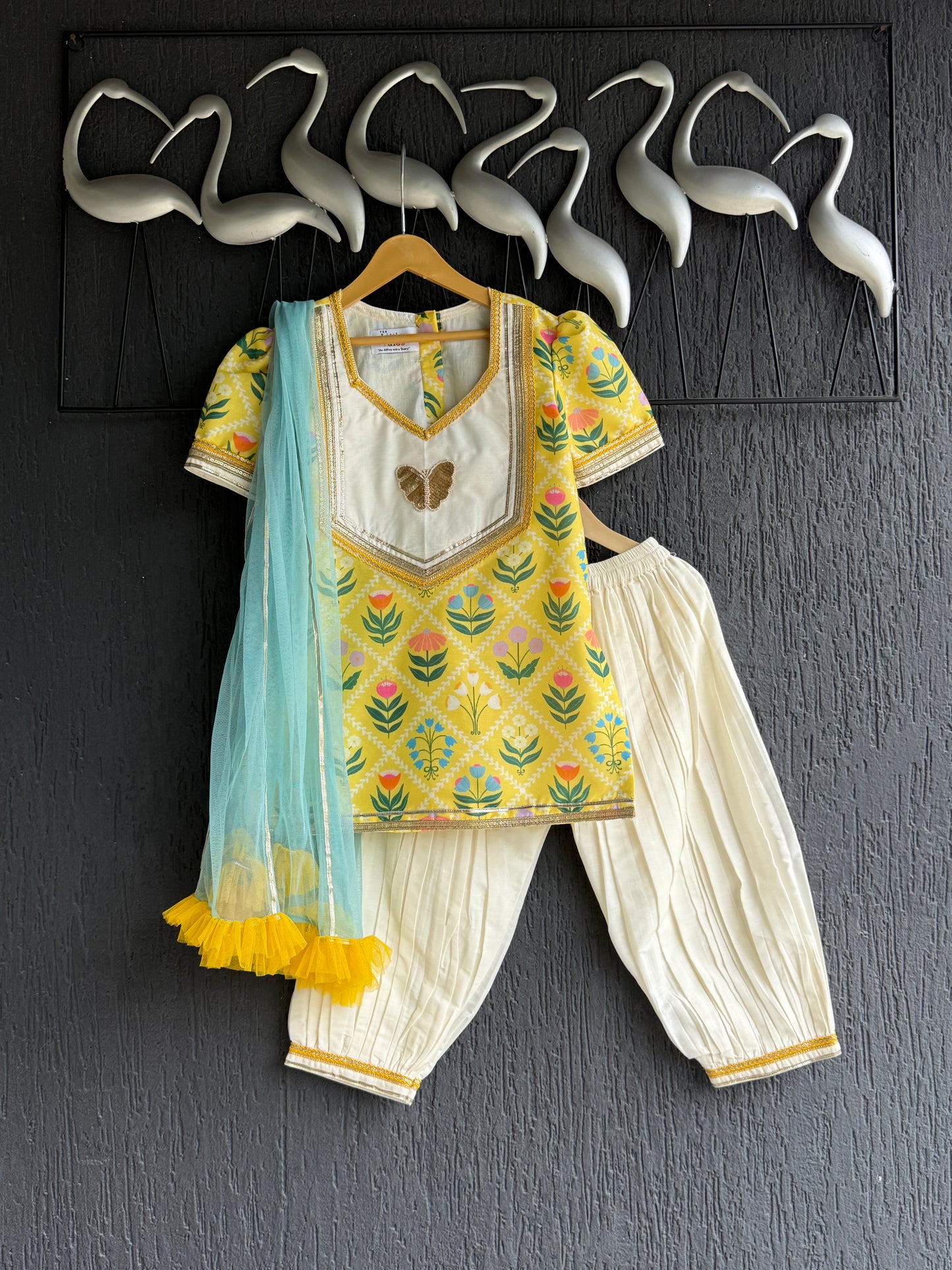 Yellow multi flower print kurta set with salwar