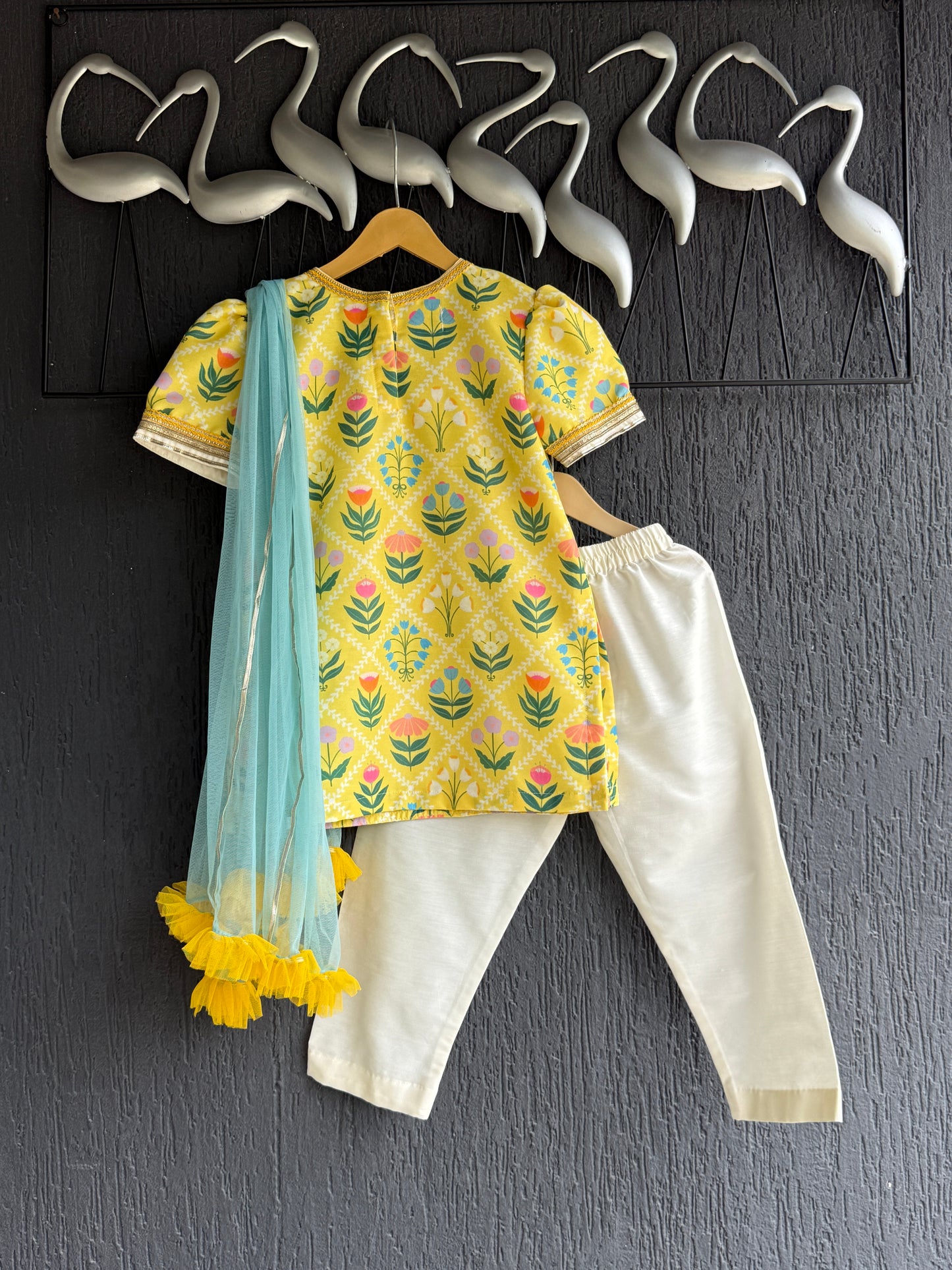 Yellow multi flower print kurta set
