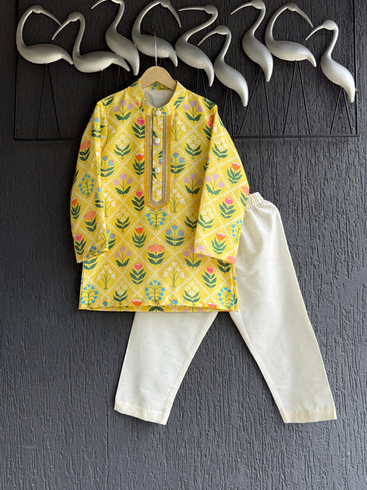 Yellow multi flower print boys kurta set