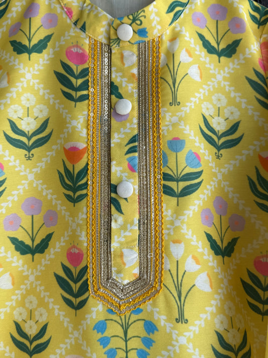 Yellow multi flower print boys kurta set