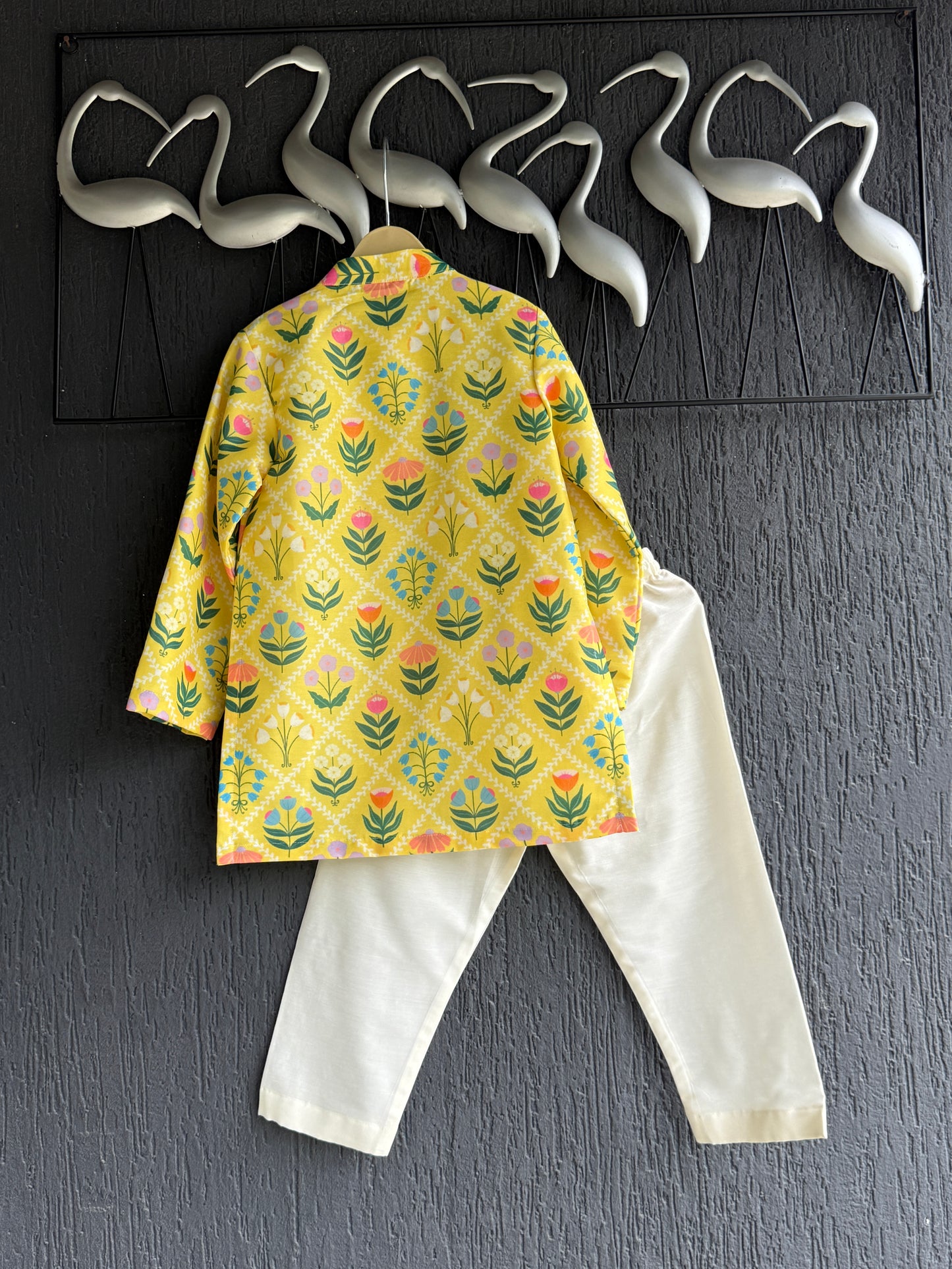 Yellow multi flower print boys kurta set