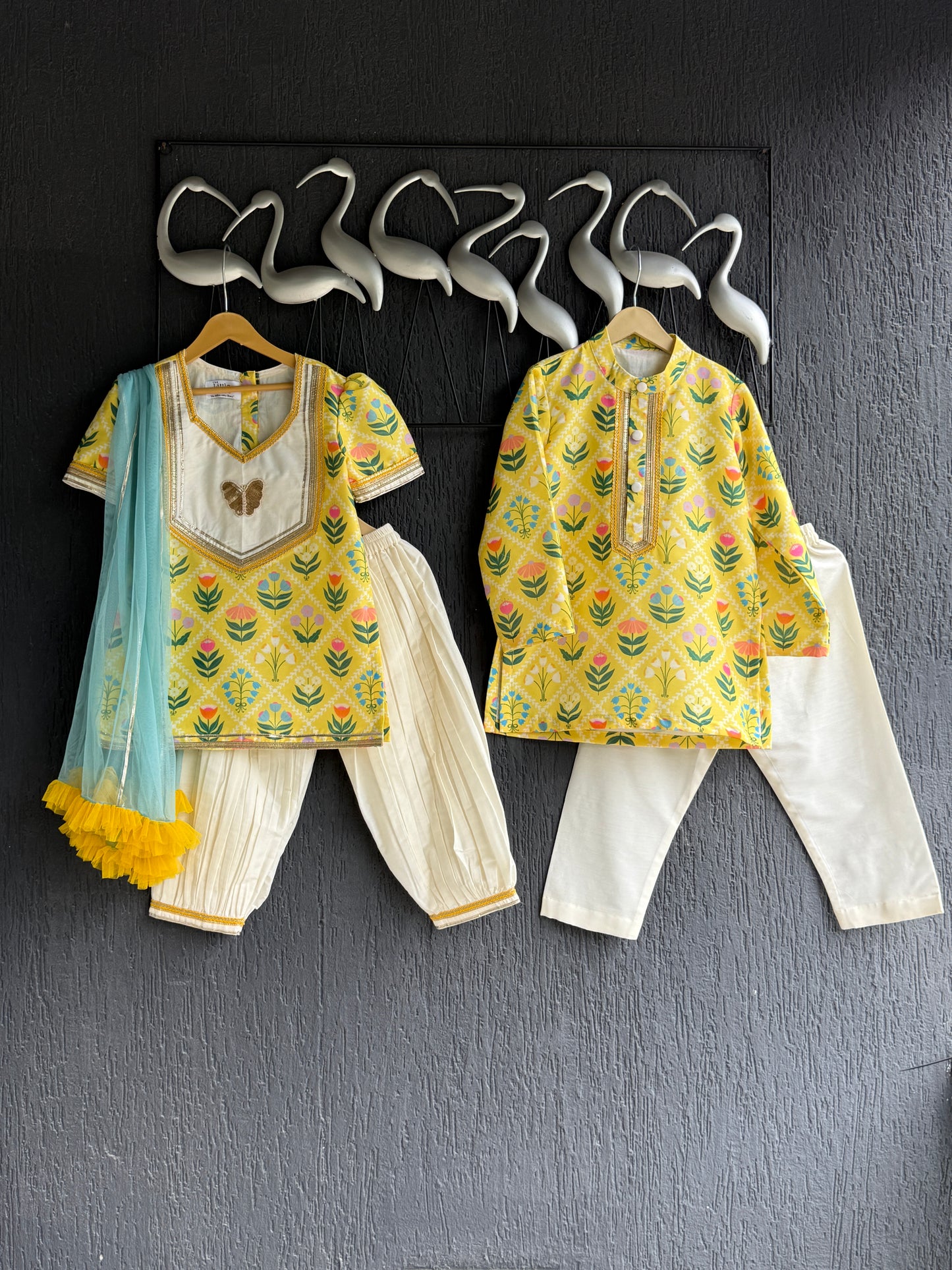 Yellow multi flower print kurta set with salwar