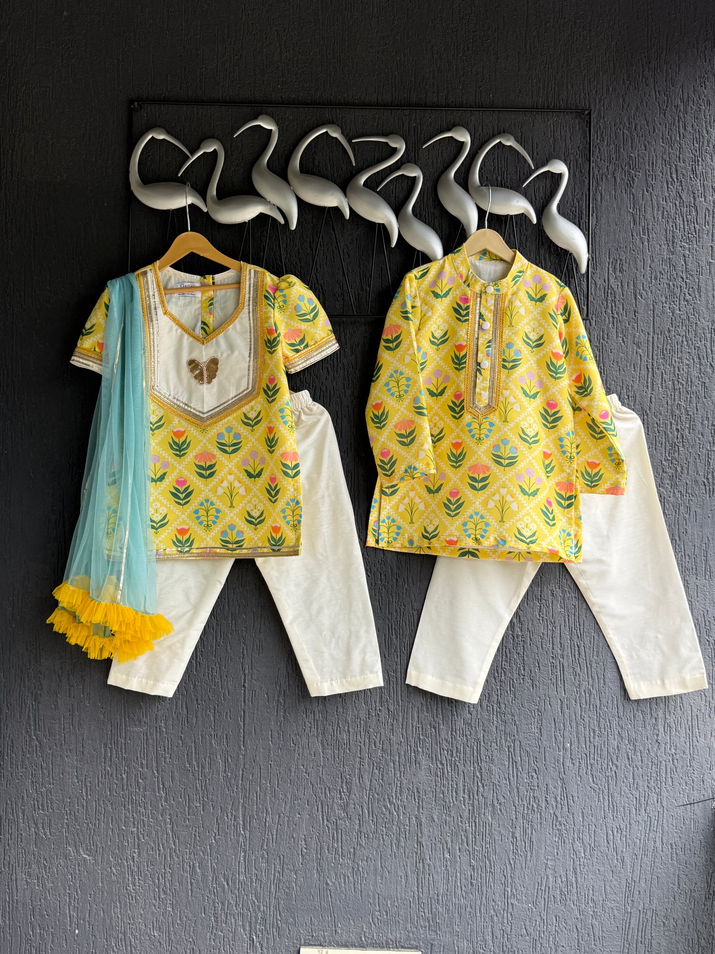 Yellow multi flower print boys kurta set