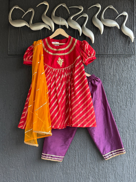 Red Chanderi A- line Kurta with contrasting bottom