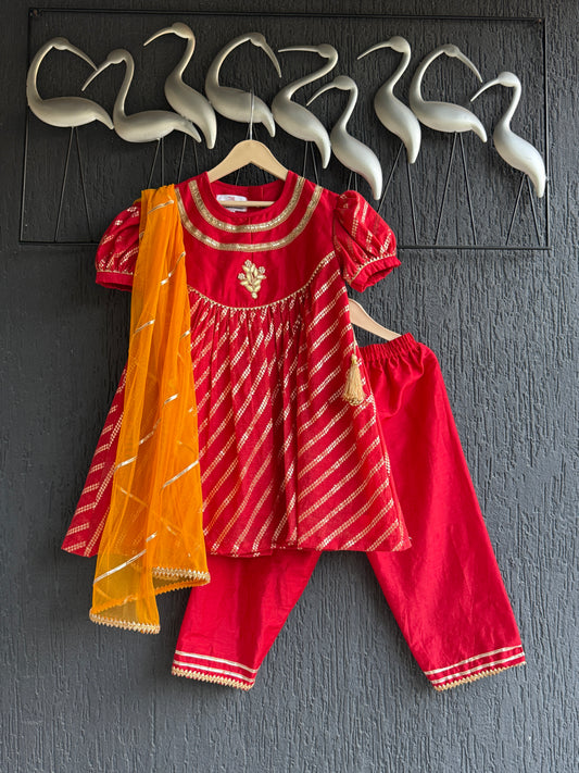 Red Chanderi A- line Kurta set