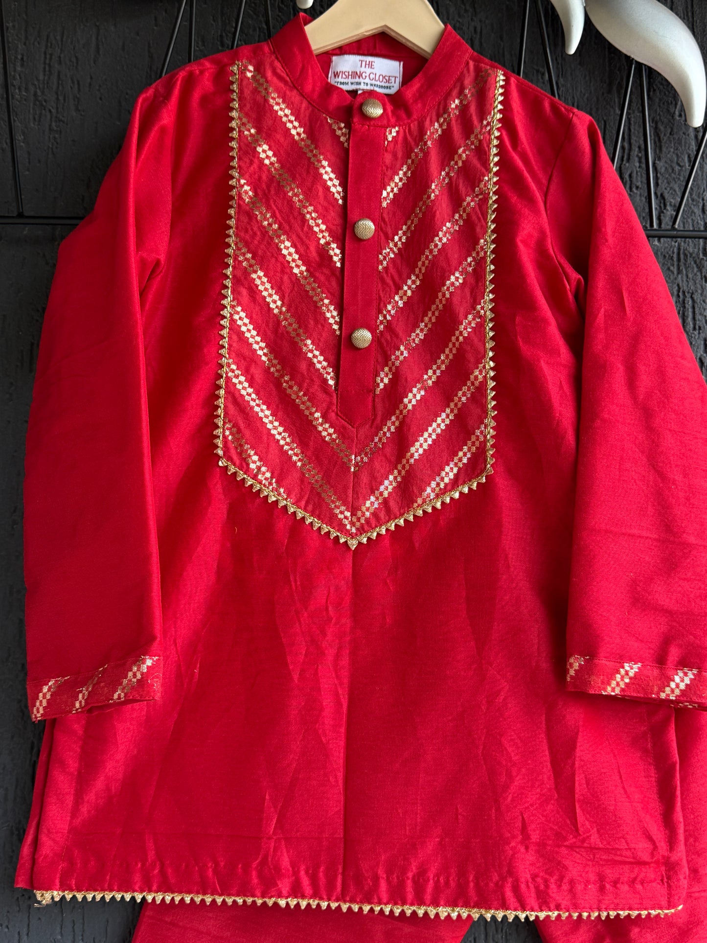Red Chanderi boys kurta set with matching bottom