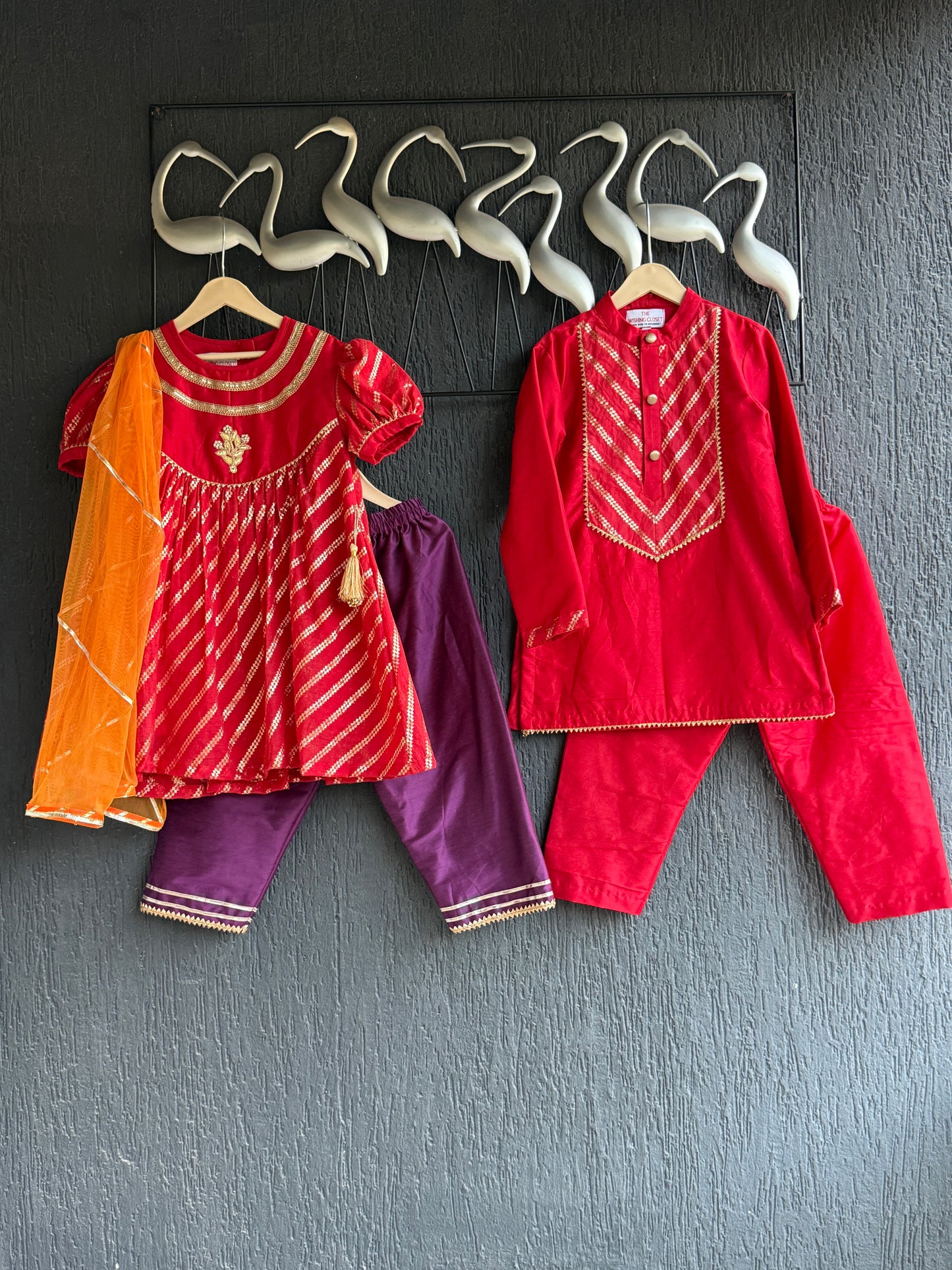 Red Chanderi A- line Kurta with contrasting bottom