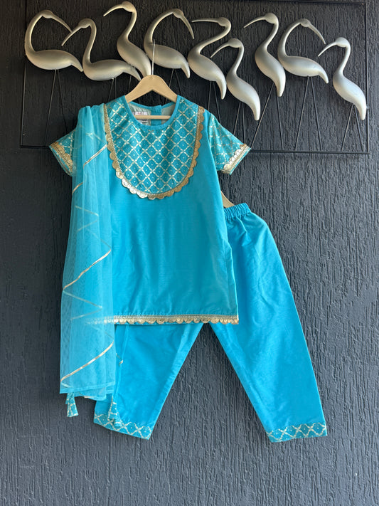 Aqua Blue Kurta Set For Girls