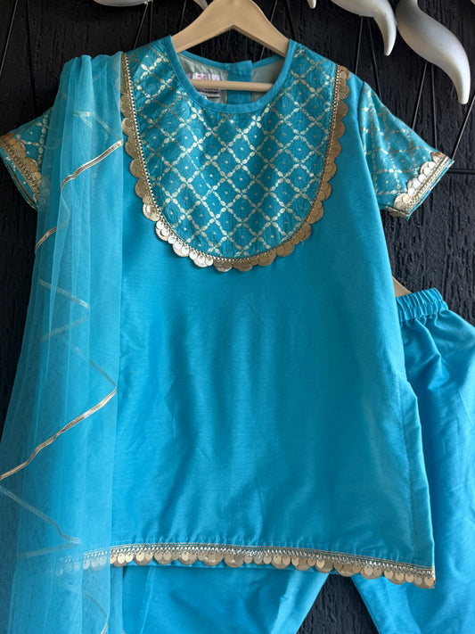 Aqua Blue Kurta Set For Girls