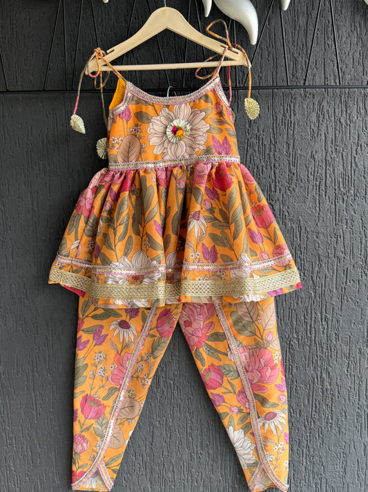 Orange Bold Flower Strap Kurta with Dhoti