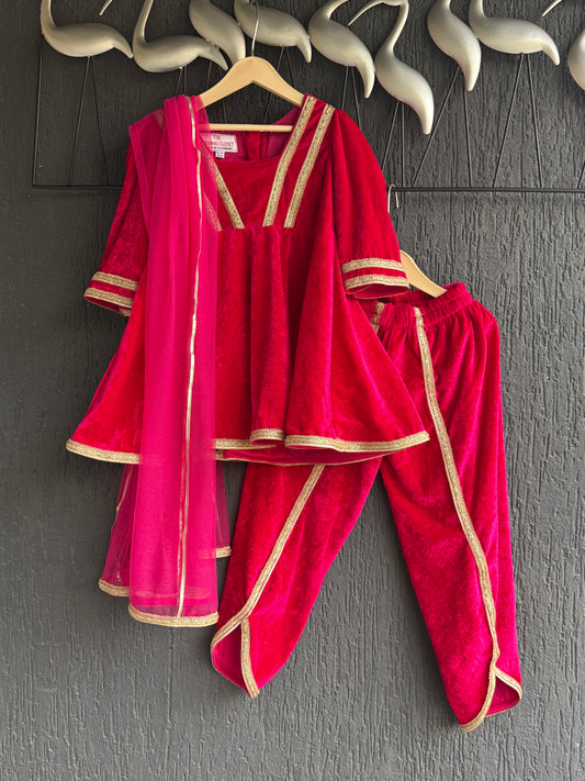 Fuchsia pink frock-style velvet dhoti set with dupatta