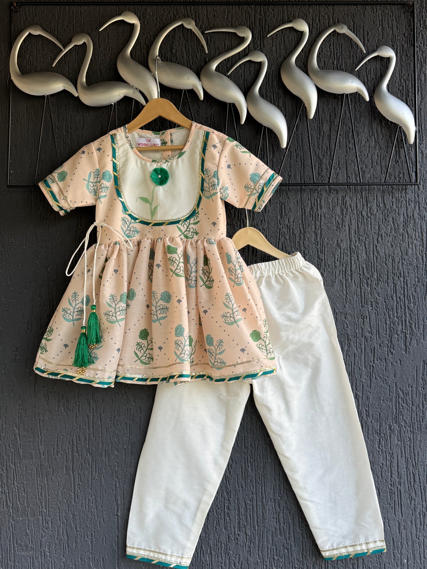 Beige floral printed anchor thread kurta set