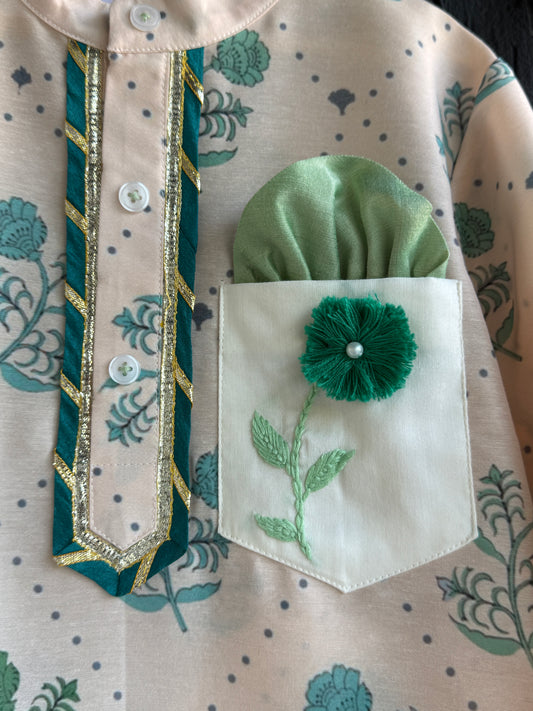 Beige floral print anchor thread kurta set