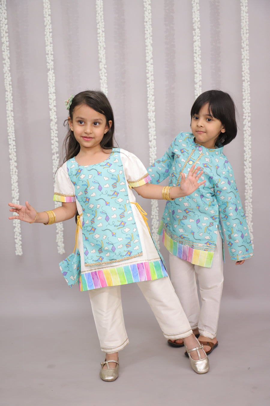 Sky blue kite print kurta set