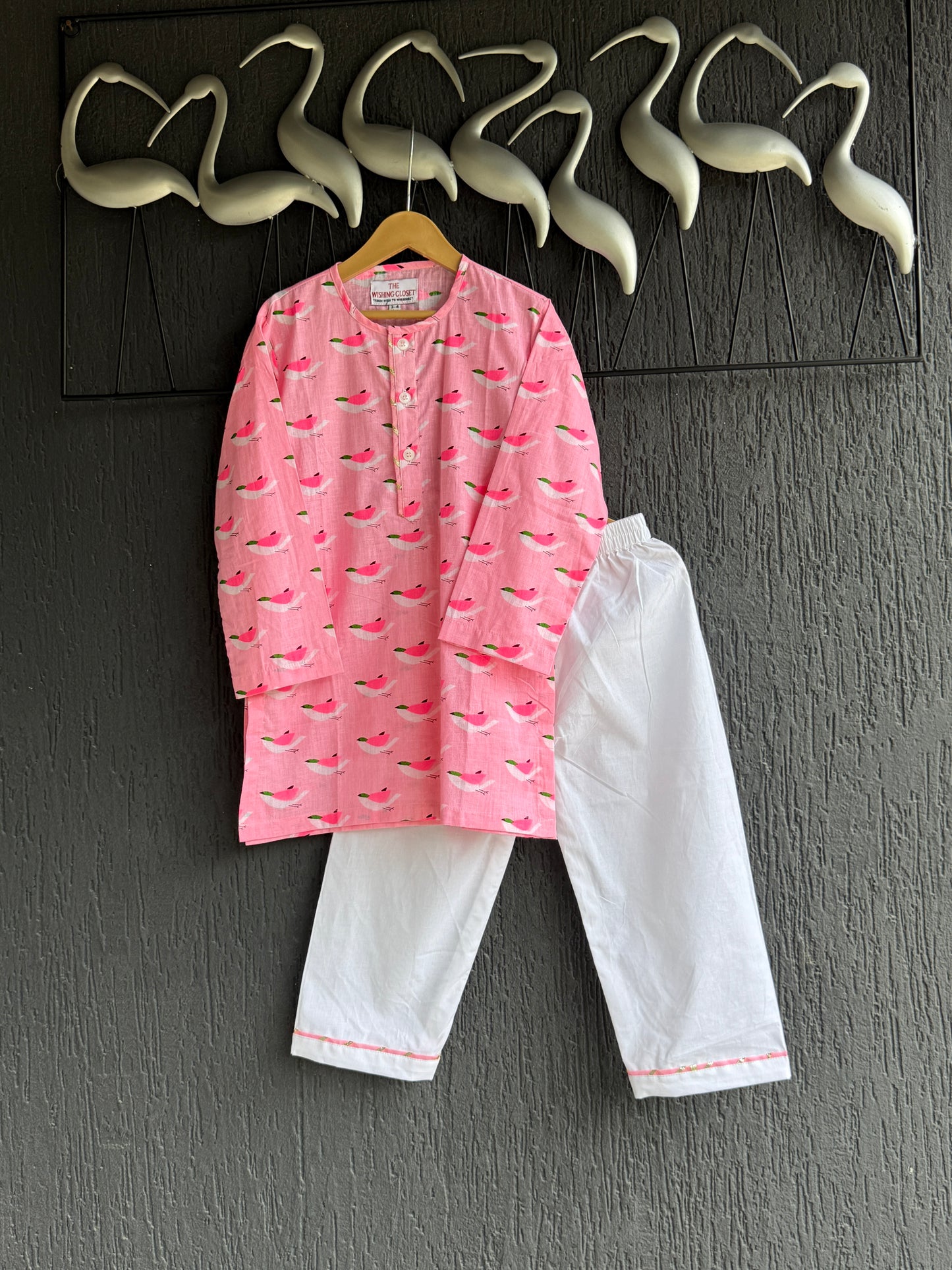 Pink bird print kurta set