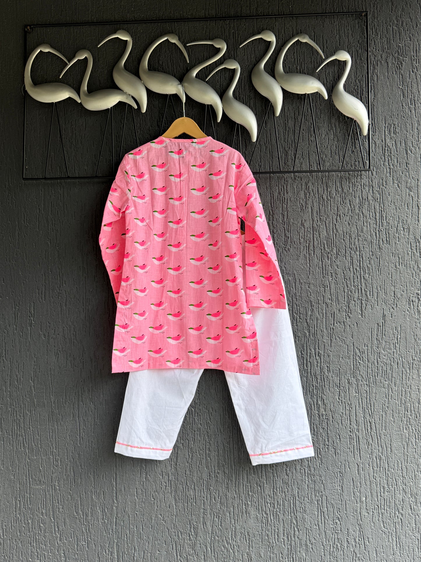 Pink bird print kurta set