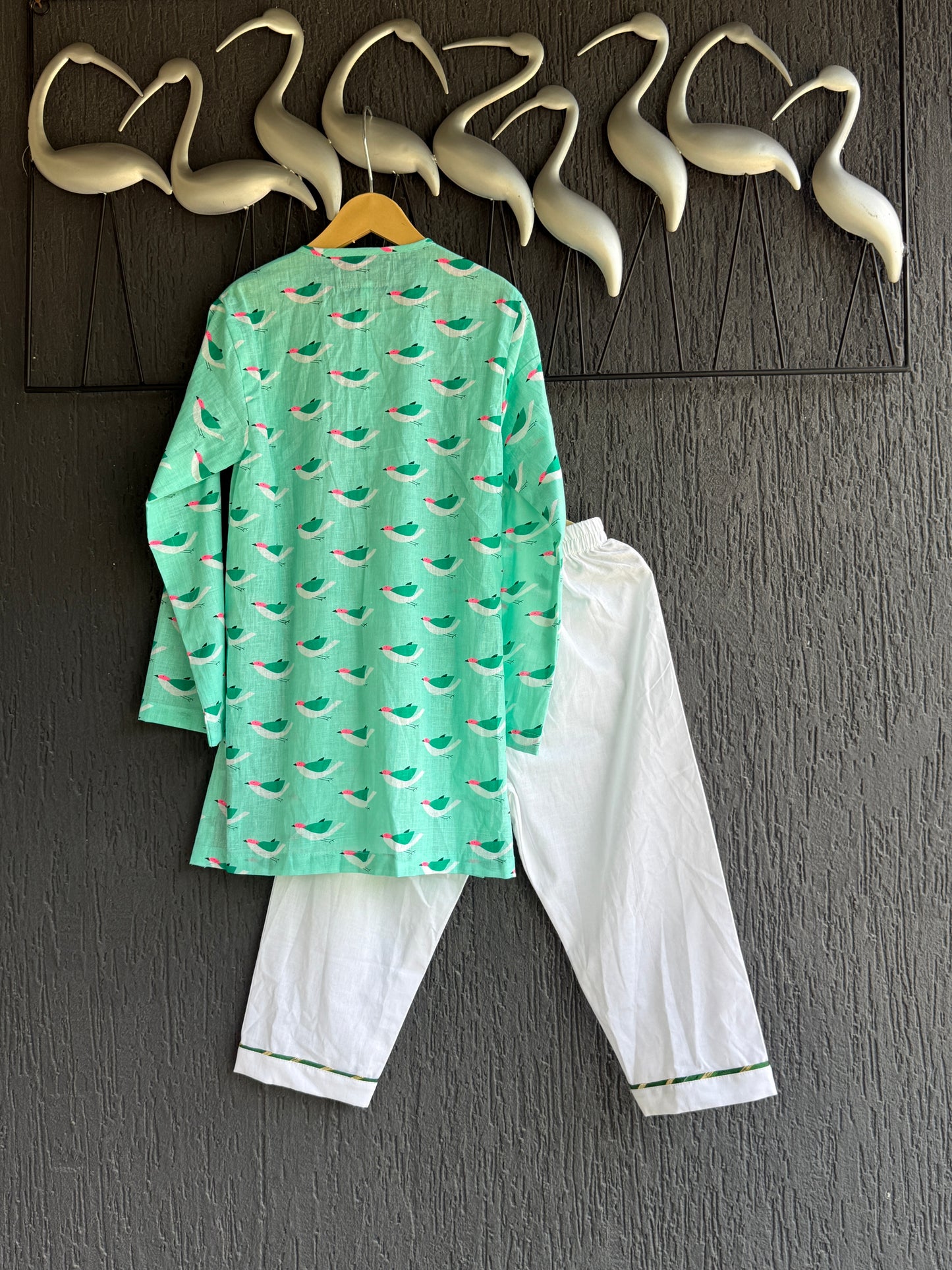 Green bird print kurta set