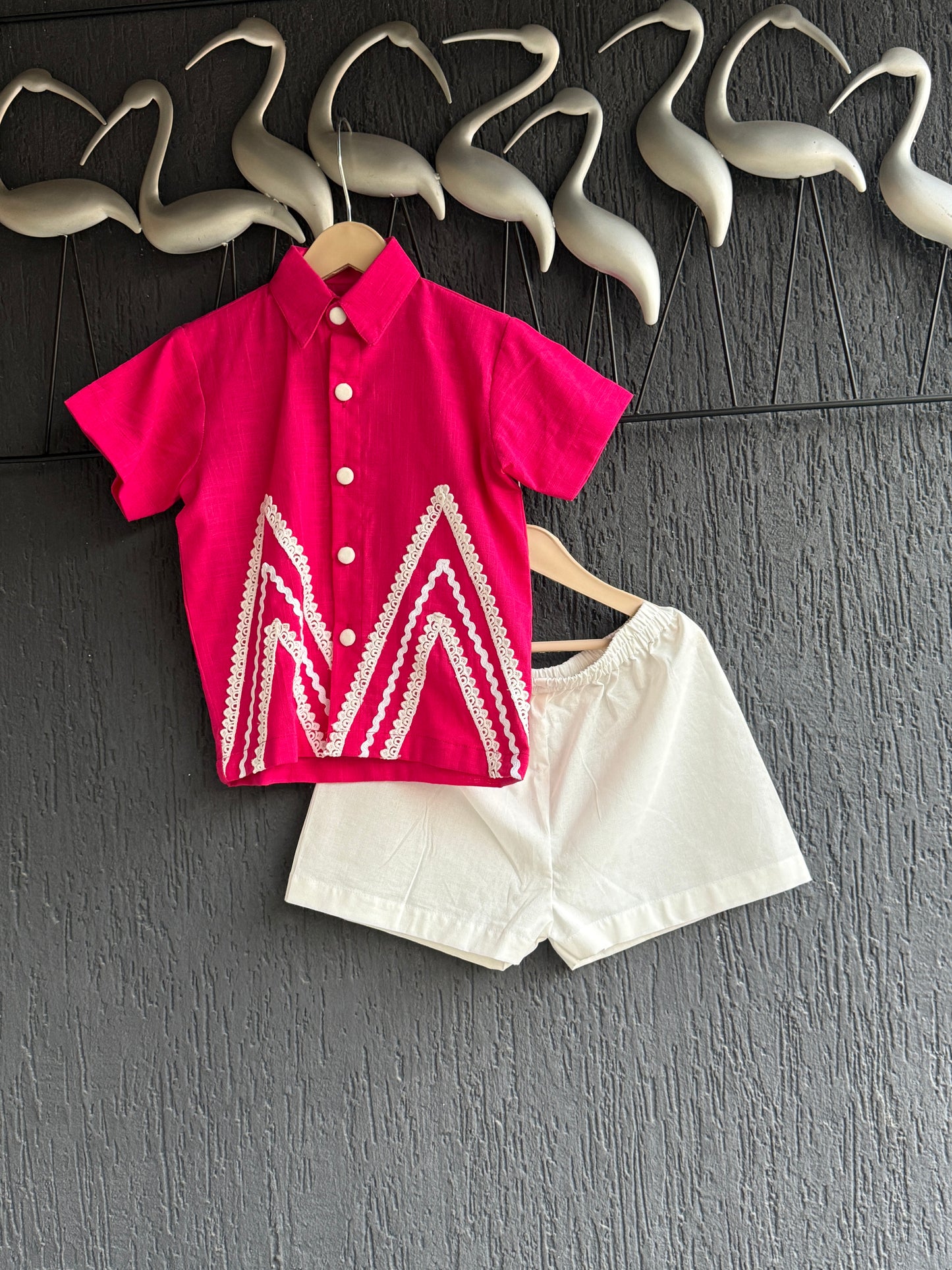 Deep pink summer shirt with white shorts