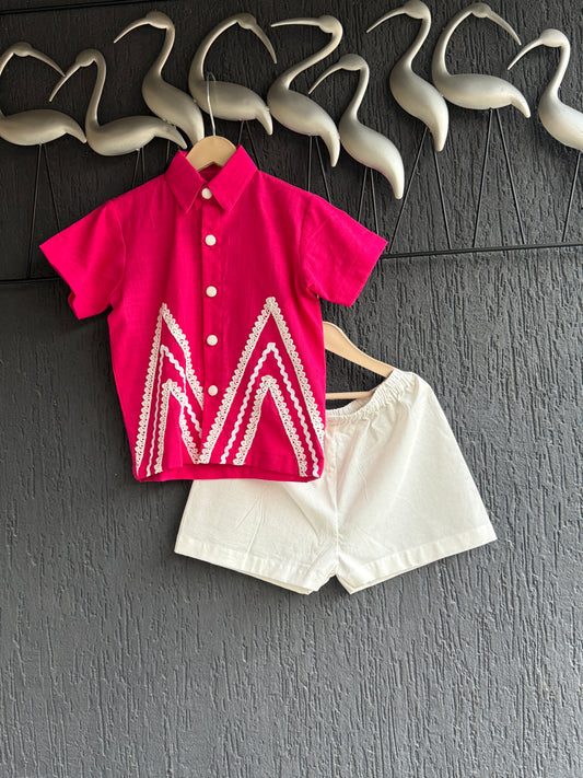 Deep pink summer shirt with white shorts