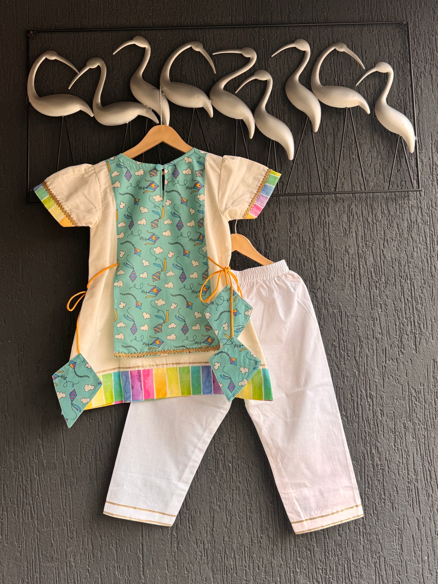 Off white sky blue kite print kurta set