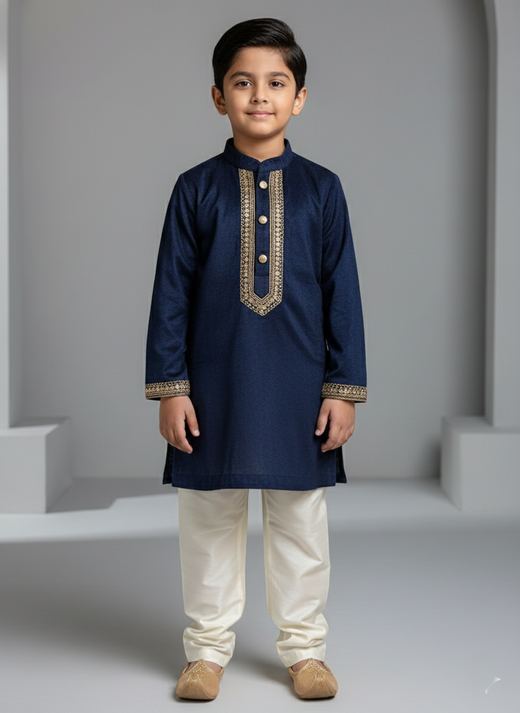 Navy Blue Velvet Kurta Set for Boys