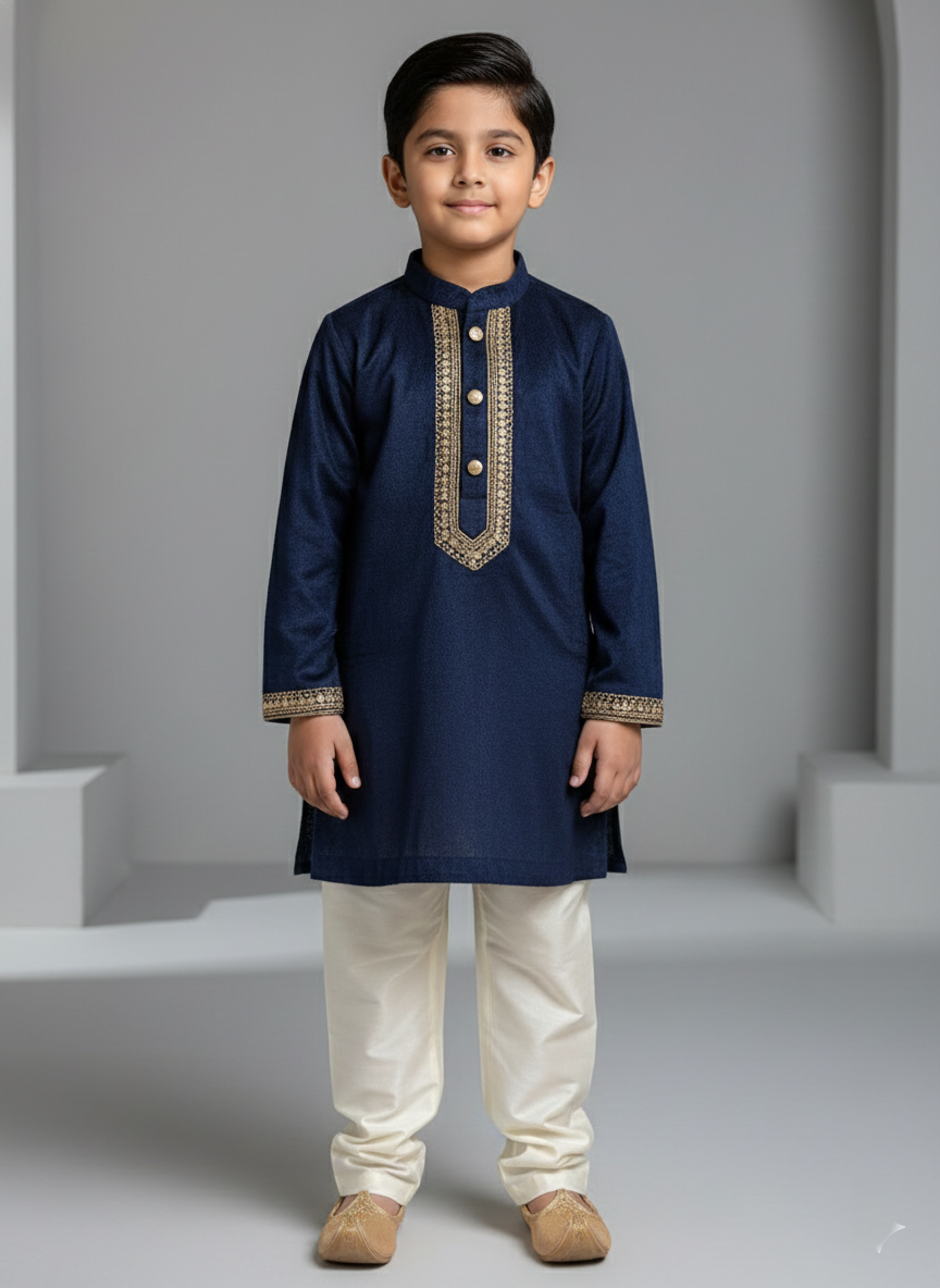 Navy Blue Velvet Kurta Set for Boys